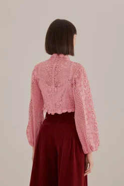 FARM Rio  BLUSH PINK GUIPURE LONG SLEEVE BLOUSE