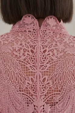 FARM Rio  BLUSH PINK GUIPURE LONG SLEEVE BLOUSE