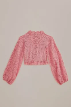 FARM Rio  BLUSH PINK GUIPURE LONG SLEEVE BLOUSE