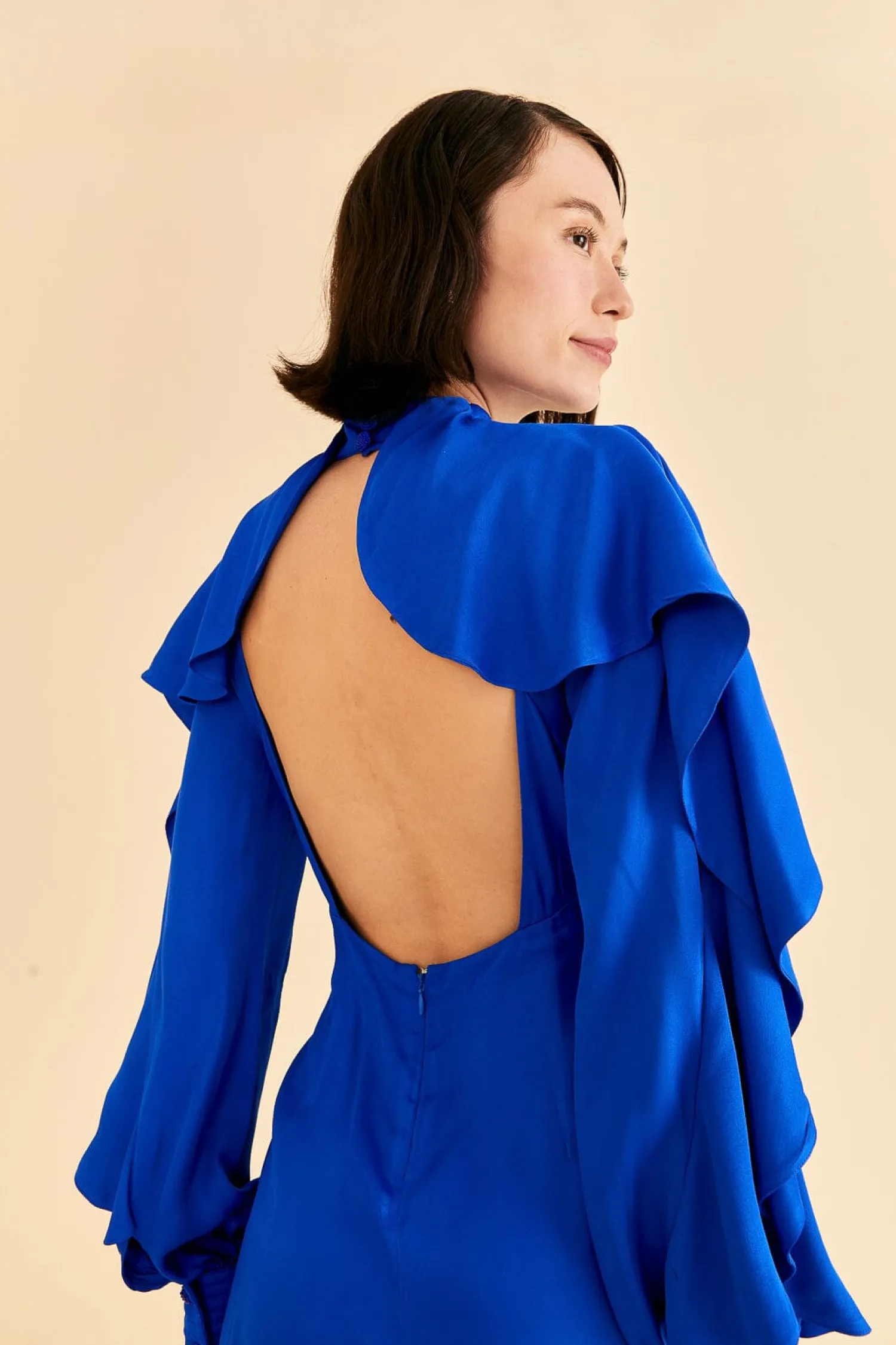 FARM Rio BRIGHT BLUE BACKLESS RUFFLE SLEEVE MINI DRESS