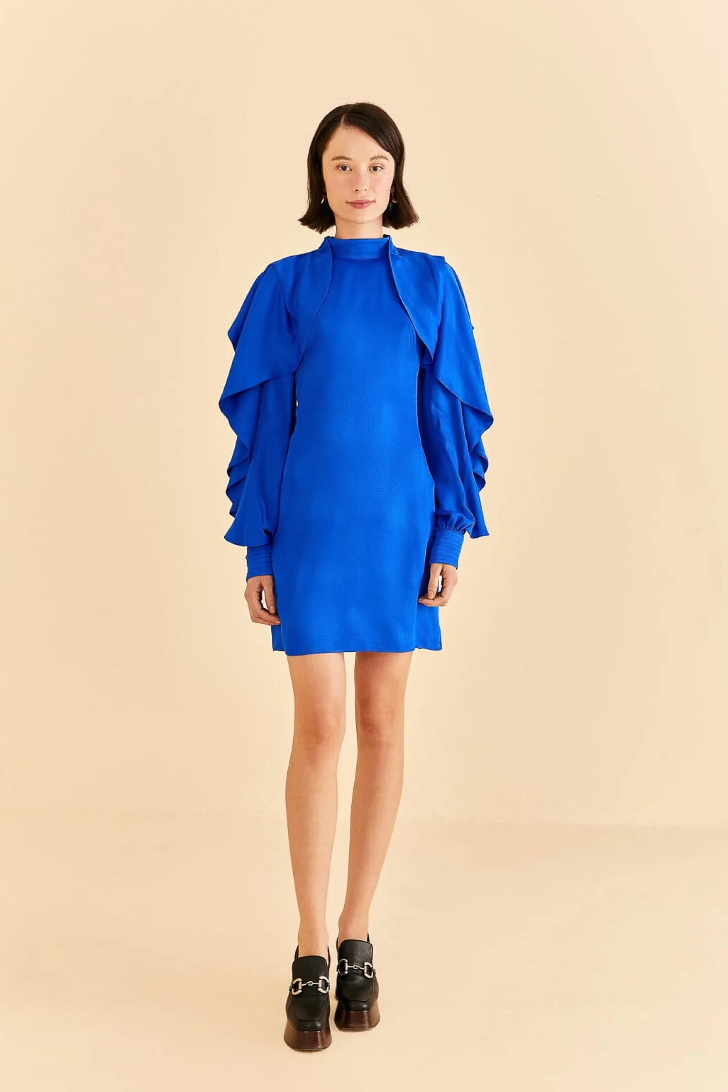 FARM Rio BRIGHT BLUE BACKLESS RUFFLE SLEEVE MINI DRESS
