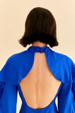 FARM Rio BRIGHT BLUE BACKLESS RUFFLE SLEEVE MINI DRESS