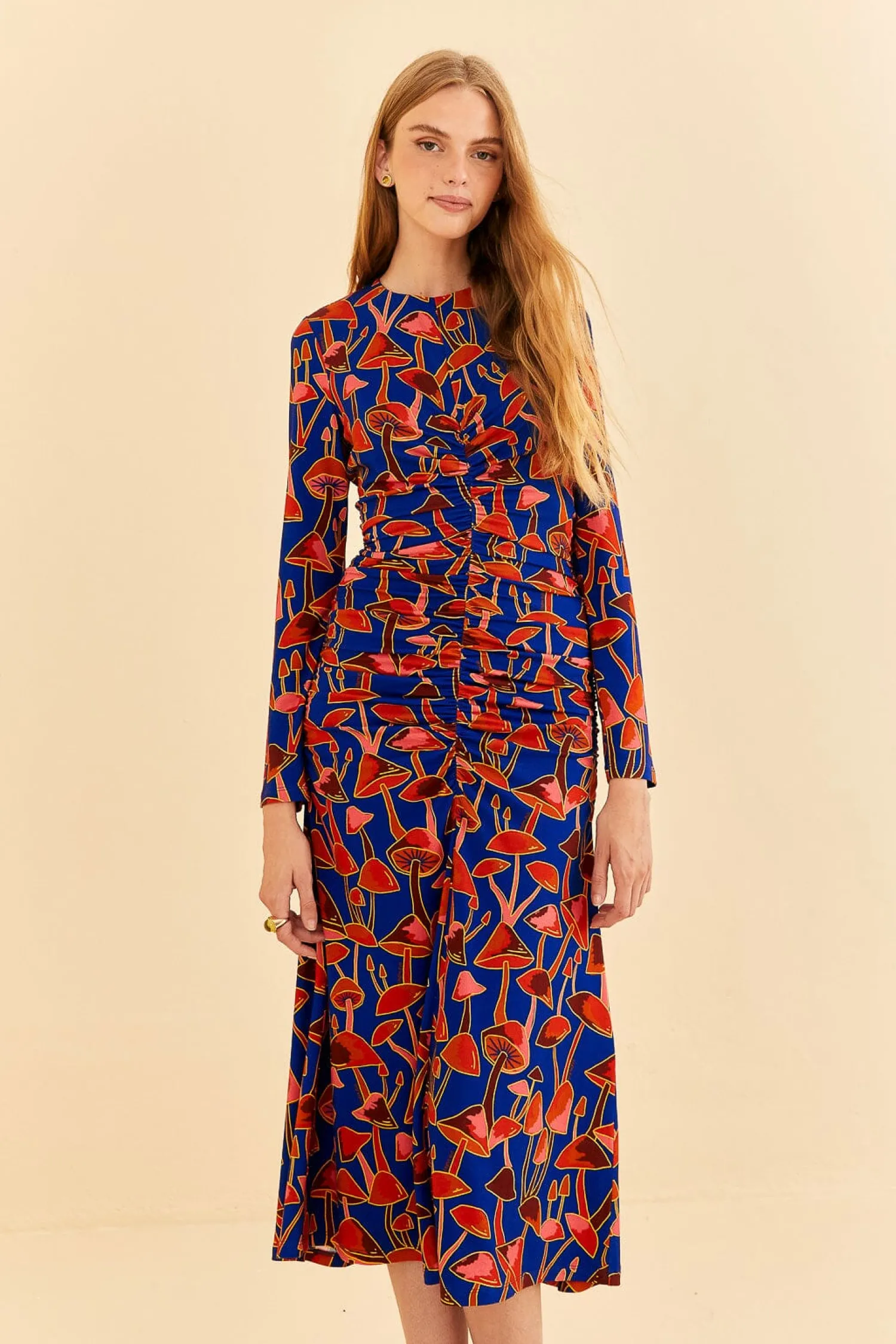 FARM Rio BRIGHT BLUE MUSHROOM SKETCH LENZING™ ECOVERO™ VISCOSE MIDI DRESS