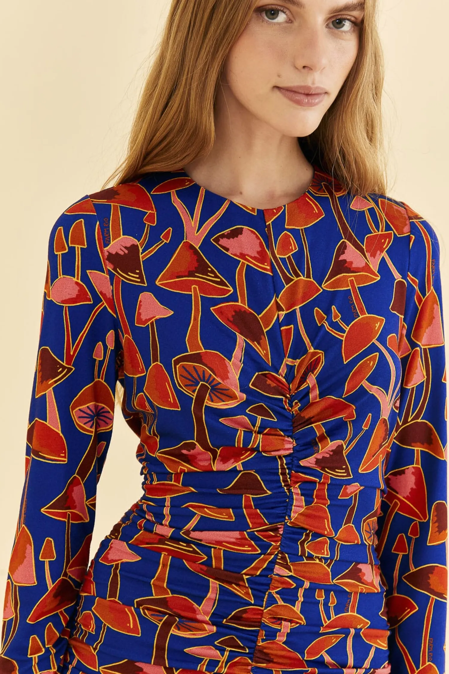 FARM Rio BRIGHT BLUE MUSHROOM SKETCH LENZING™ ECOVERO™ VISCOSE MIDI DRESS