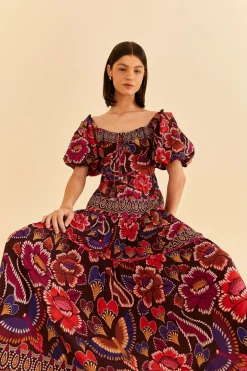 FARM Rio BROWN BRIGHT FLORA SHORT SLEEVE MIDI DRESS