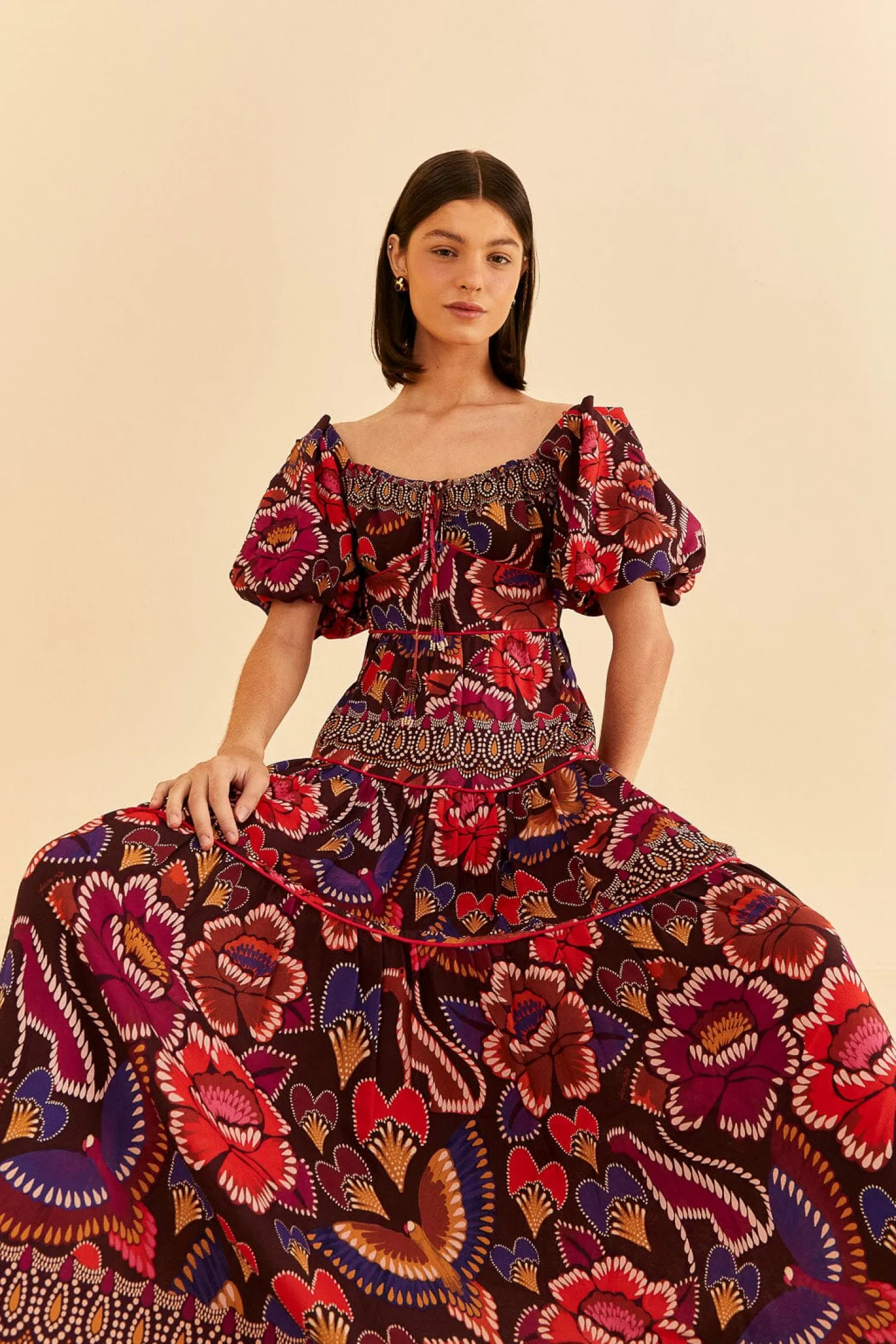 FARM Rio BROWN BRIGHT FLORA SHORT SLEEVE MIDI DRESS