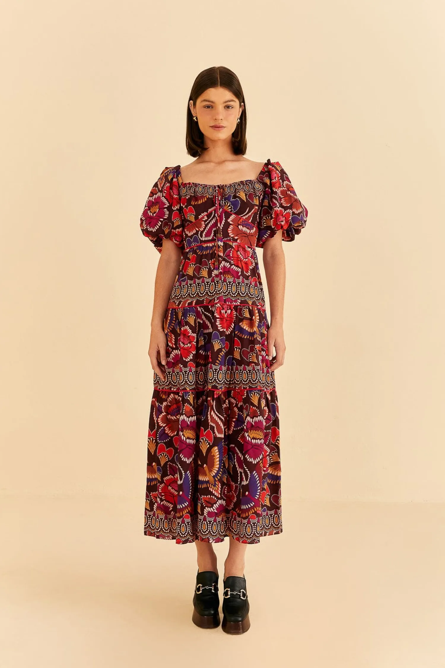 FARM Rio BROWN BRIGHT FLORA SHORT SLEEVE MIDI DRESS
