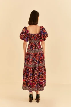 FARM Rio BROWN BRIGHT FLORA SHORT SLEEVE MIDI DRESS