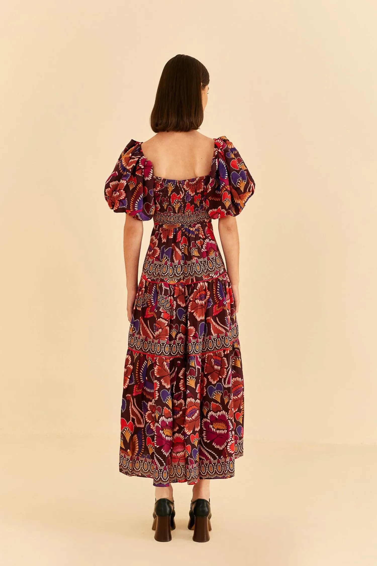 FARM Rio BROWN BRIGHT FLORA SHORT SLEEVE MIDI DRESS