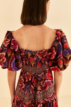FARM Rio BROWN BRIGHT FLORA SHORT SLEEVE MIDI DRESS