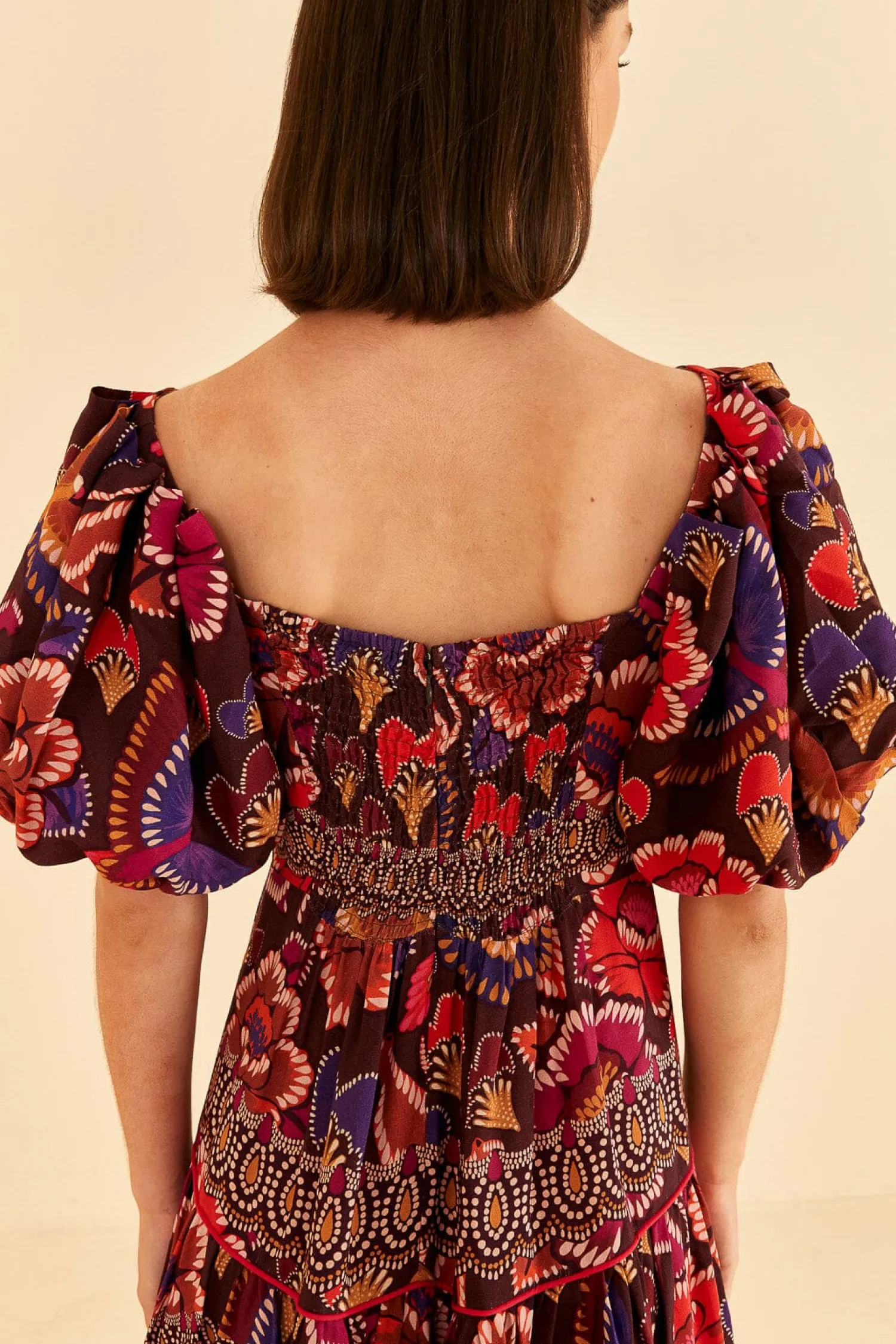 FARM Rio BROWN BRIGHT FLORA SHORT SLEEVE MIDI DRESS