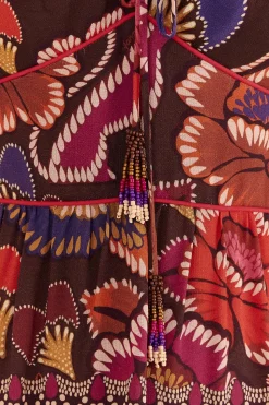 FARM Rio BROWN BRIGHT FLORA SHORT SLEEVE MIDI DRESS
