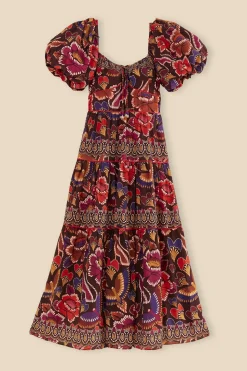 FARM Rio BROWN BRIGHT FLORA SHORT SLEEVE MIDI DRESS