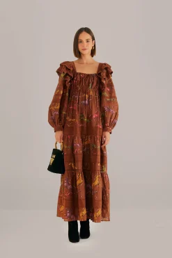 FARM Rio  BROWN DOTTED HORSES MAXI DRESS