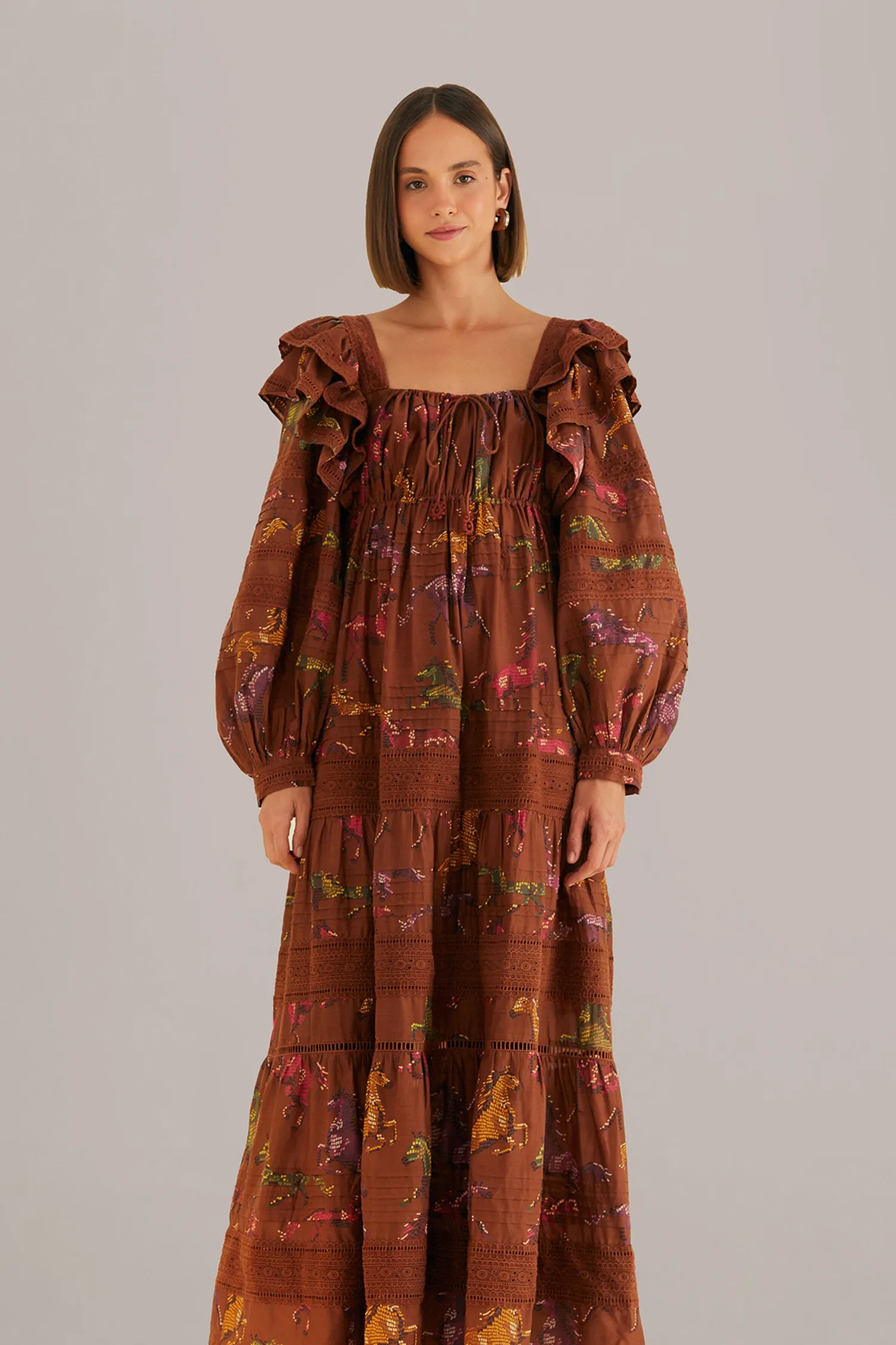 FARM Rio BROWN DOTTED HORSES MAXI DRESS