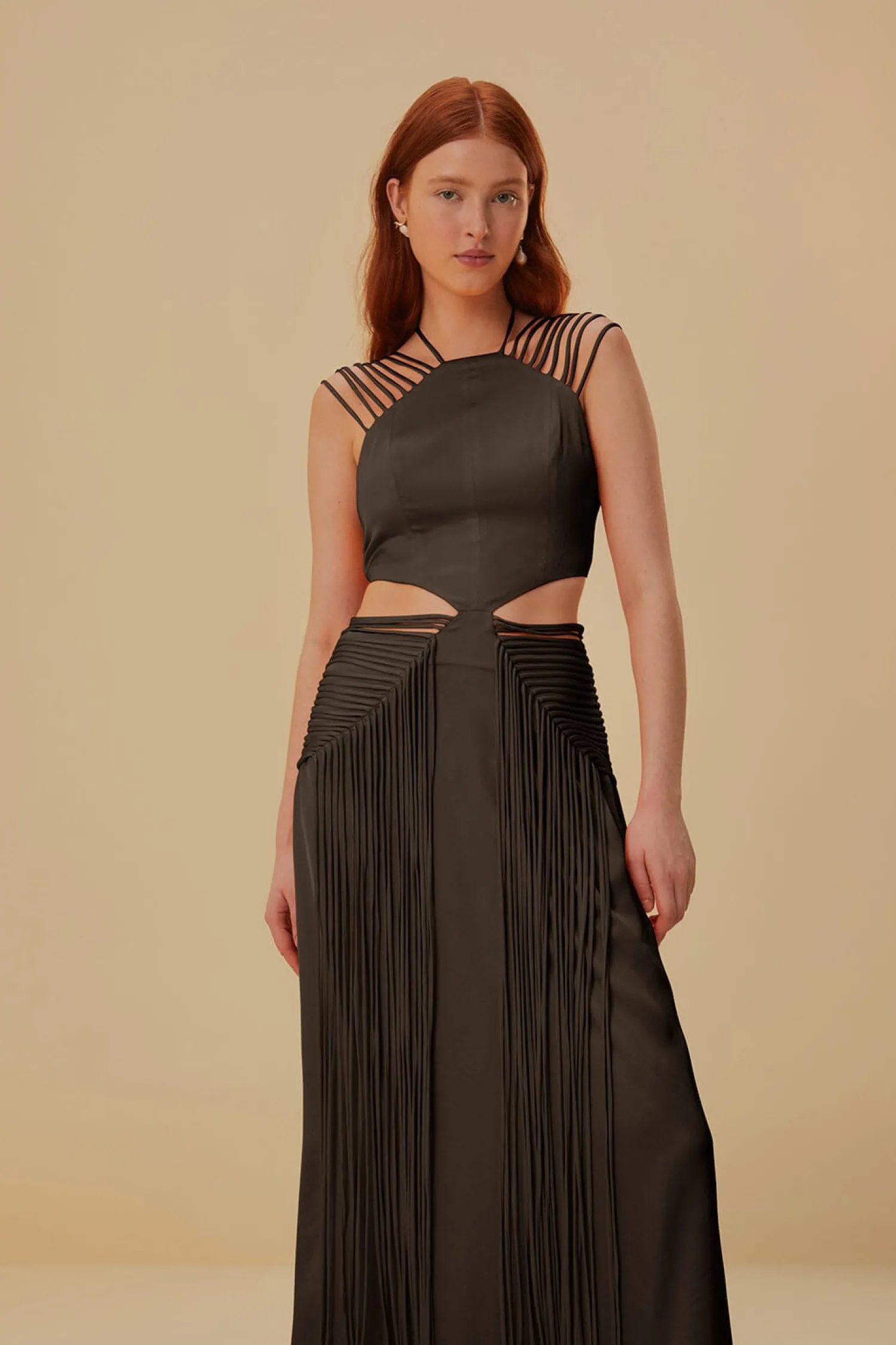 FARM Rio BROWN FRINGED SLEEVELESS MIDI DRESS