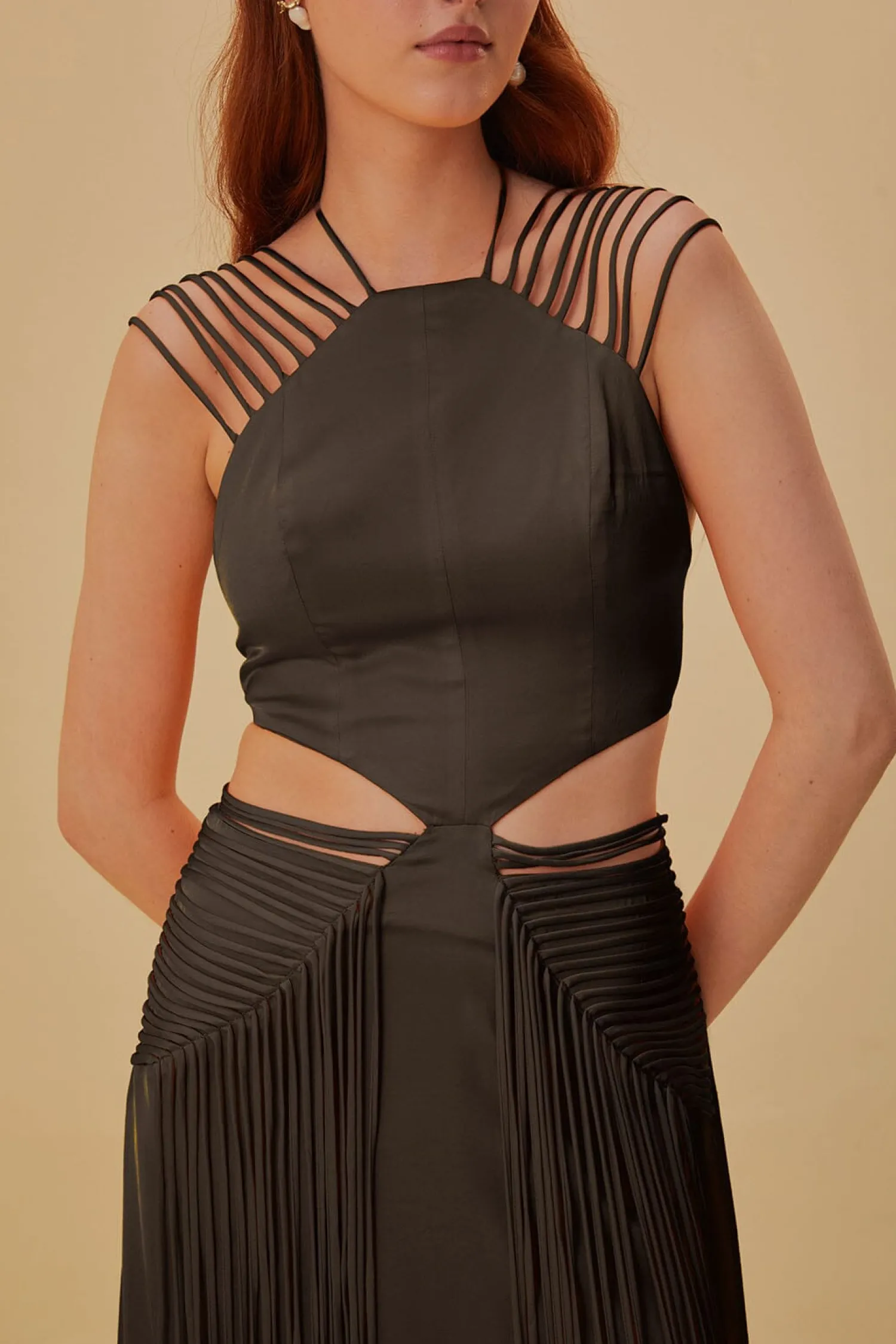 FARM Rio BROWN FRINGED SLEEVELESS MIDI DRESS