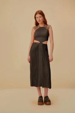FARM Rio BROWN FRINGED SLEEVELESS MIDI DRESS