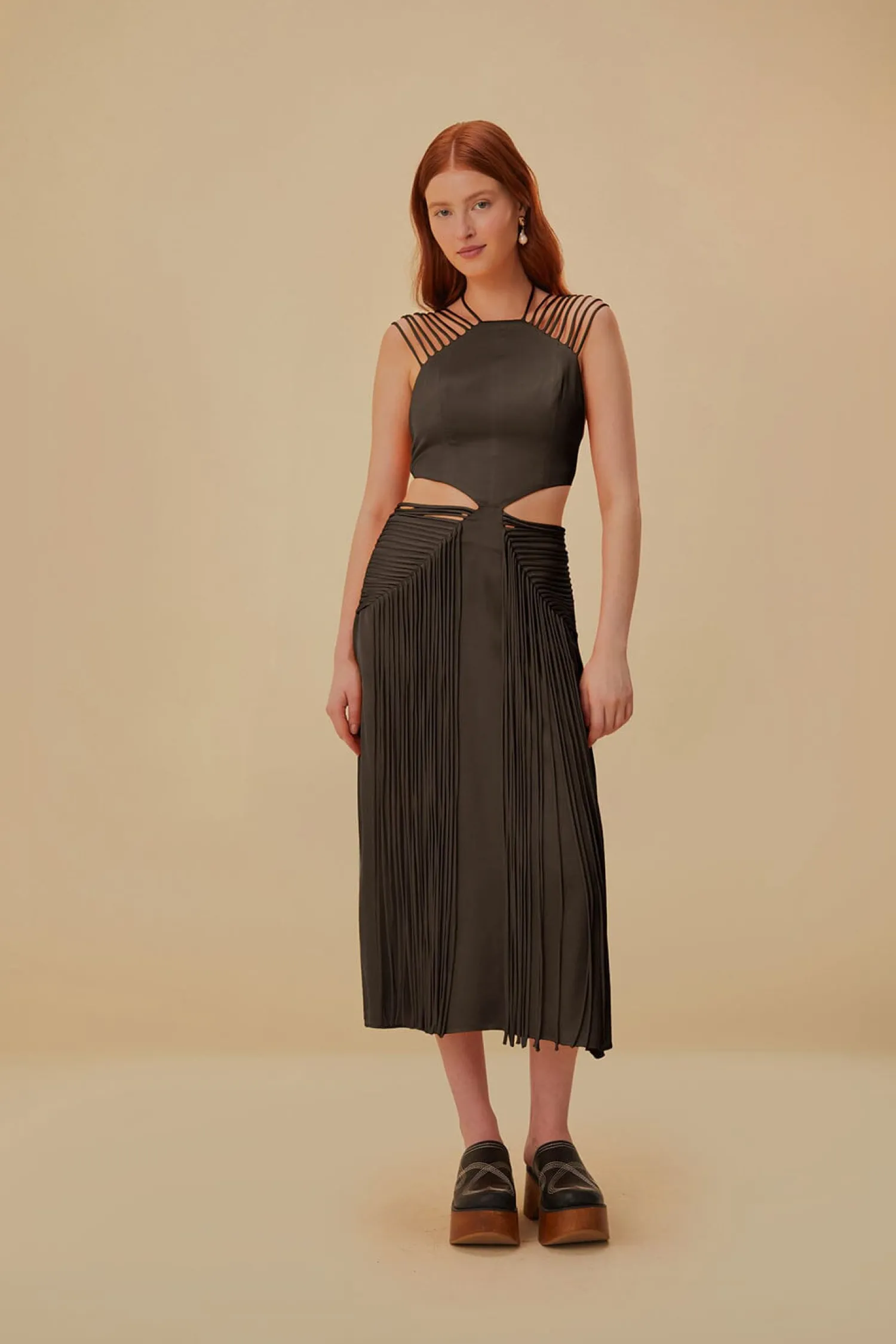 FARM Rio BROWN FRINGED SLEEVELESS MIDI DRESS