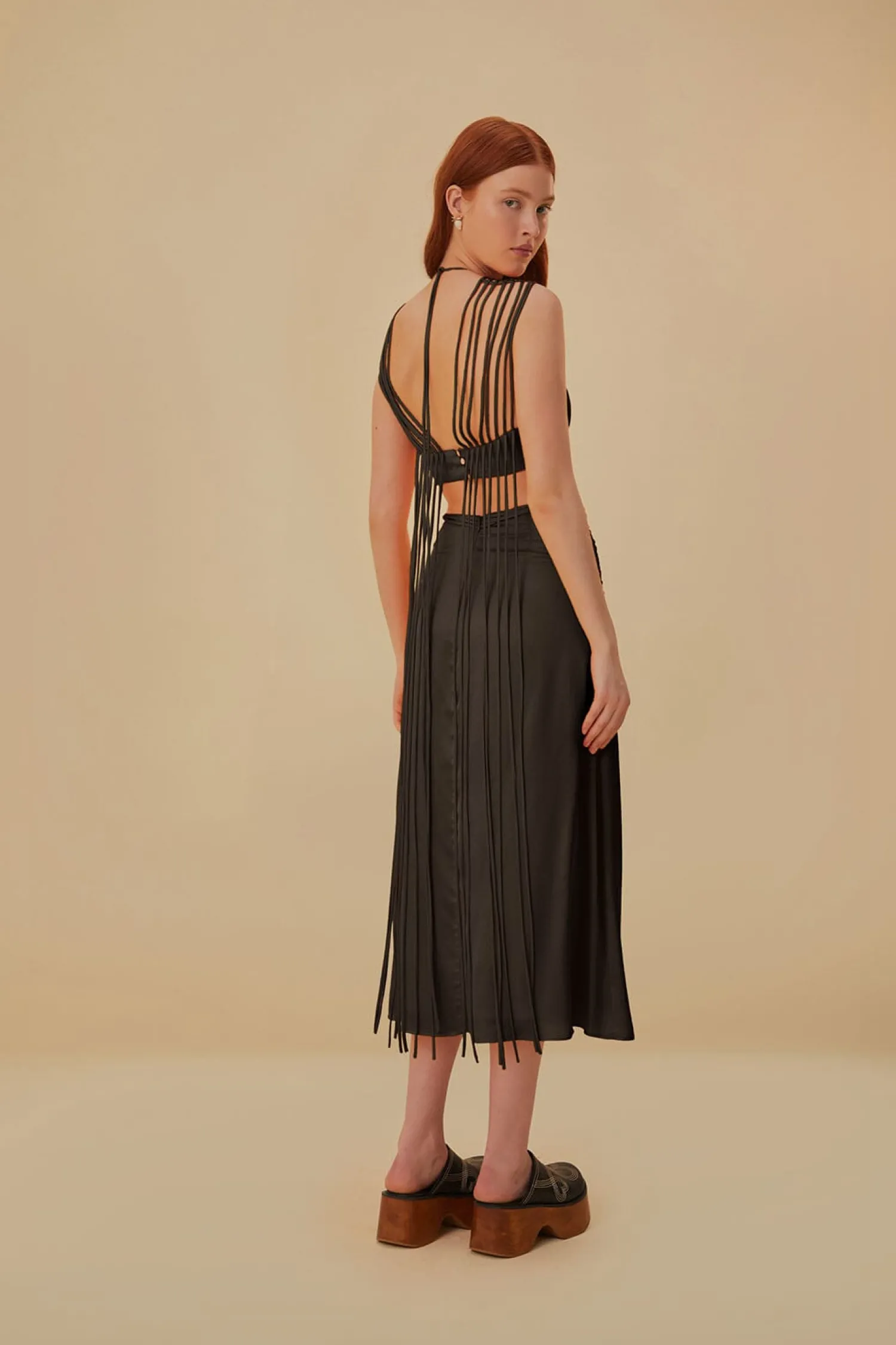 FARM Rio BROWN FRINGED SLEEVELESS MIDI DRESS