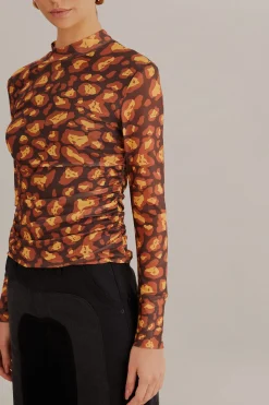FARM Rio  BROWN LEOPARD DESIRE TULLE BLOUSE