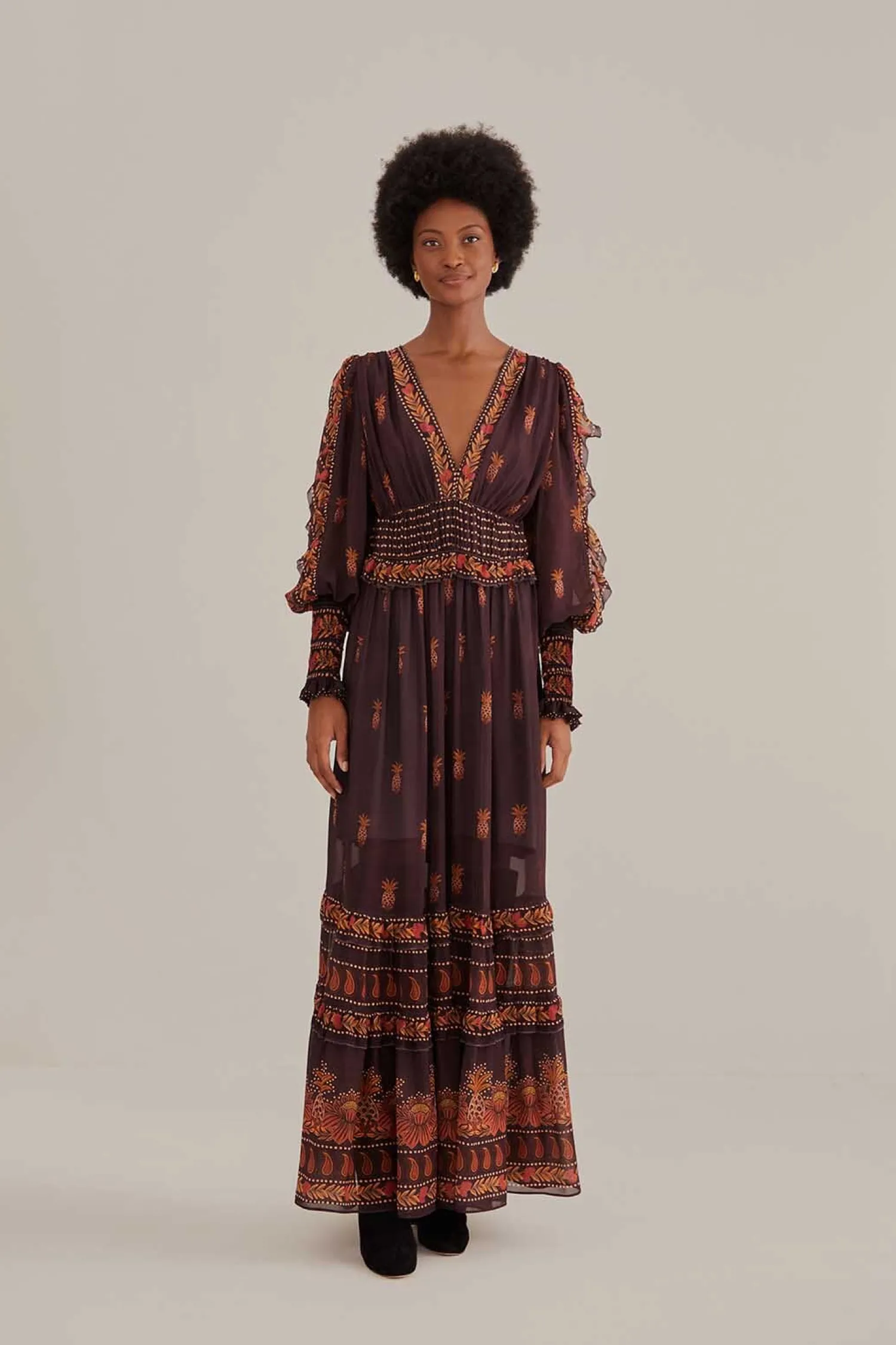 FARM Rio BROWN PAISLEY BLOOM LONG SLEEVE MAXI DRESS