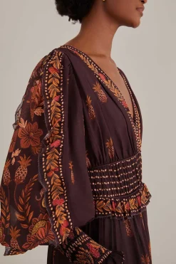 FARM Rio BROWN PAISLEY BLOOM LONG SLEEVE MAXI DRESS
