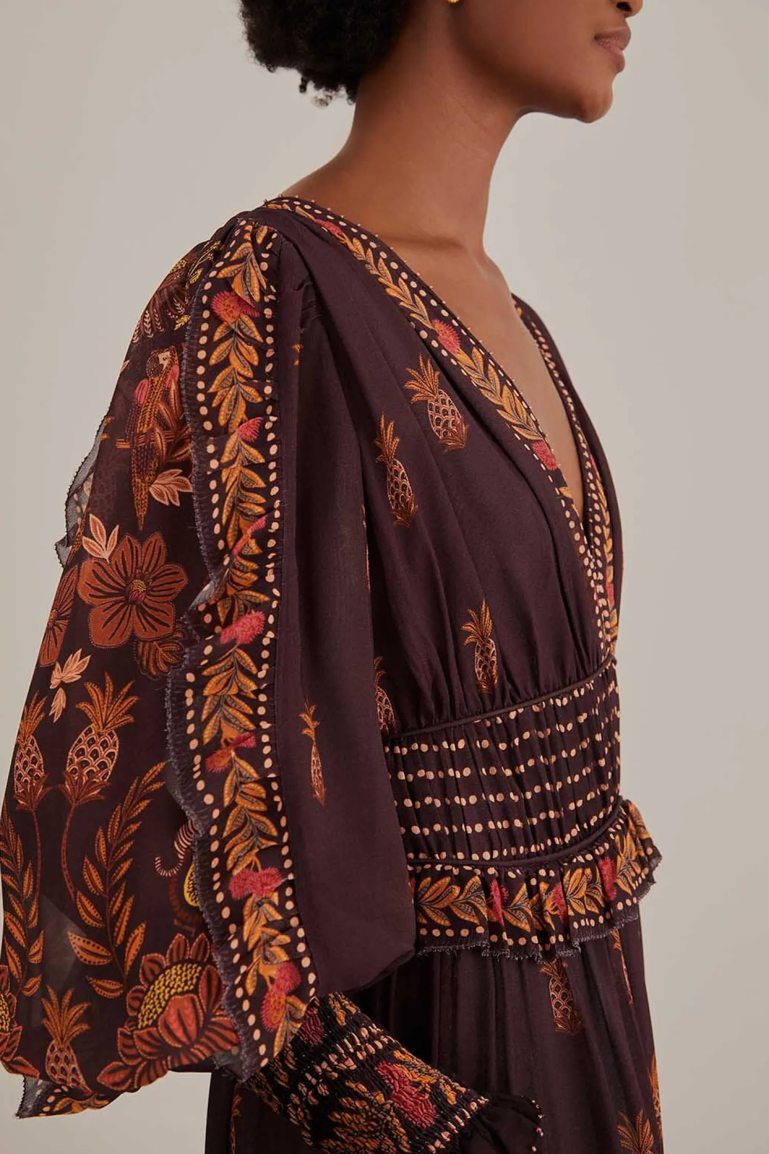 FARM Rio BROWN PAISLEY BLOOM LONG SLEEVE MAXI DRESS