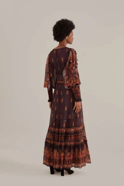 FARM Rio BROWN PAISLEY BLOOM LONG SLEEVE MAXI DRESS