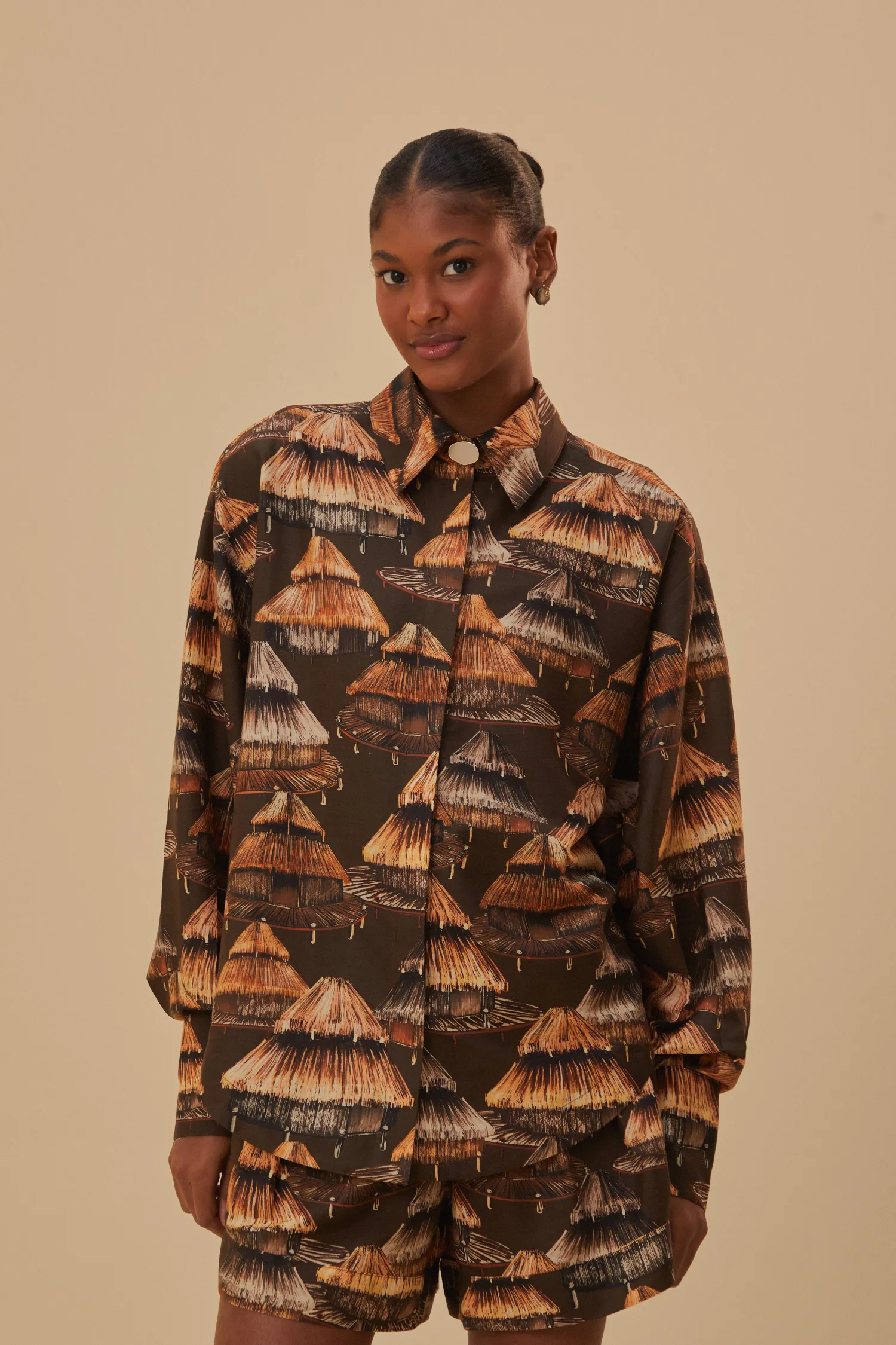 FARM Rio BROWN SHUHU SHIRT LONG SLEEVES