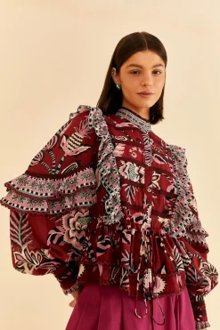 FARM Rio BURGUNDY PINEAPPLE INSPIRATION RUFFLE BLOUSE
