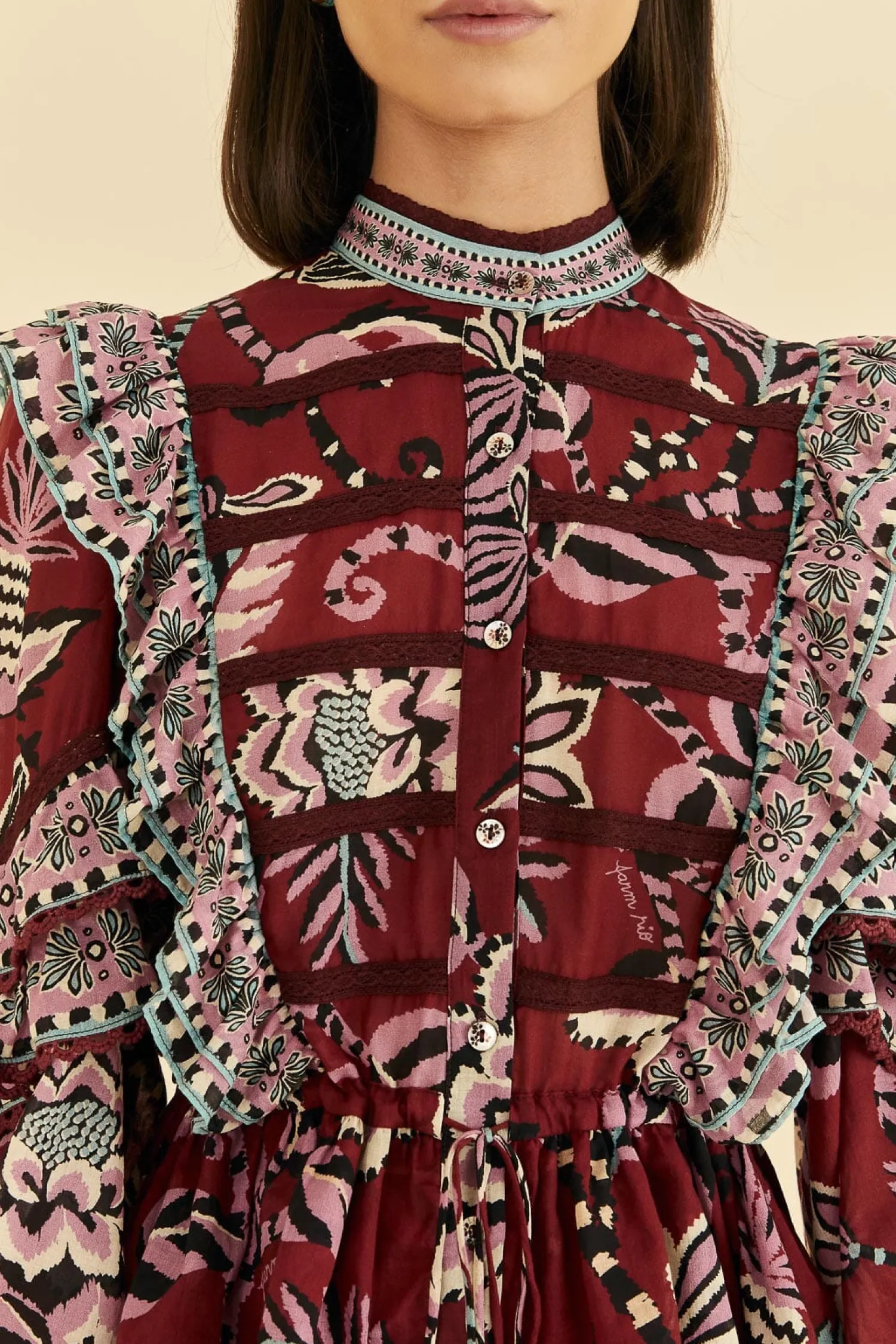 FARM Rio BURGUNDY PINEAPPLE INSPIRATION RUFFLE BLOUSE