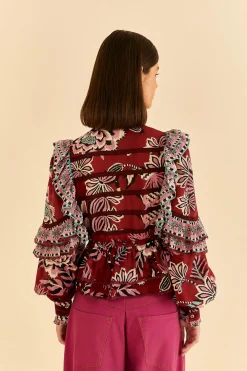 FARM Rio BURGUNDY PINEAPPLE INSPIRATION RUFFLE BLOUSE