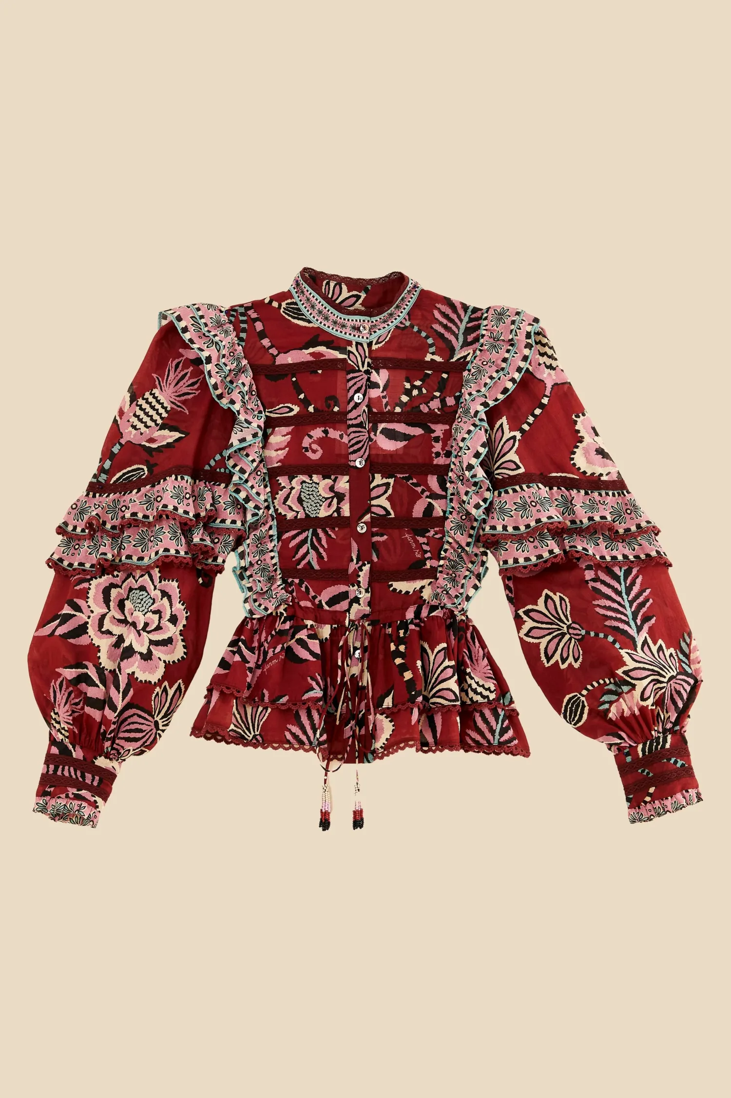 FARM Rio BURGUNDY PINEAPPLE INSPIRATION RUFFLE BLOUSE