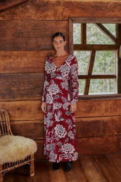 FARM Rio BURGUNDY PINEAPPLE INSPIRATION V NECK MAXI DRESS