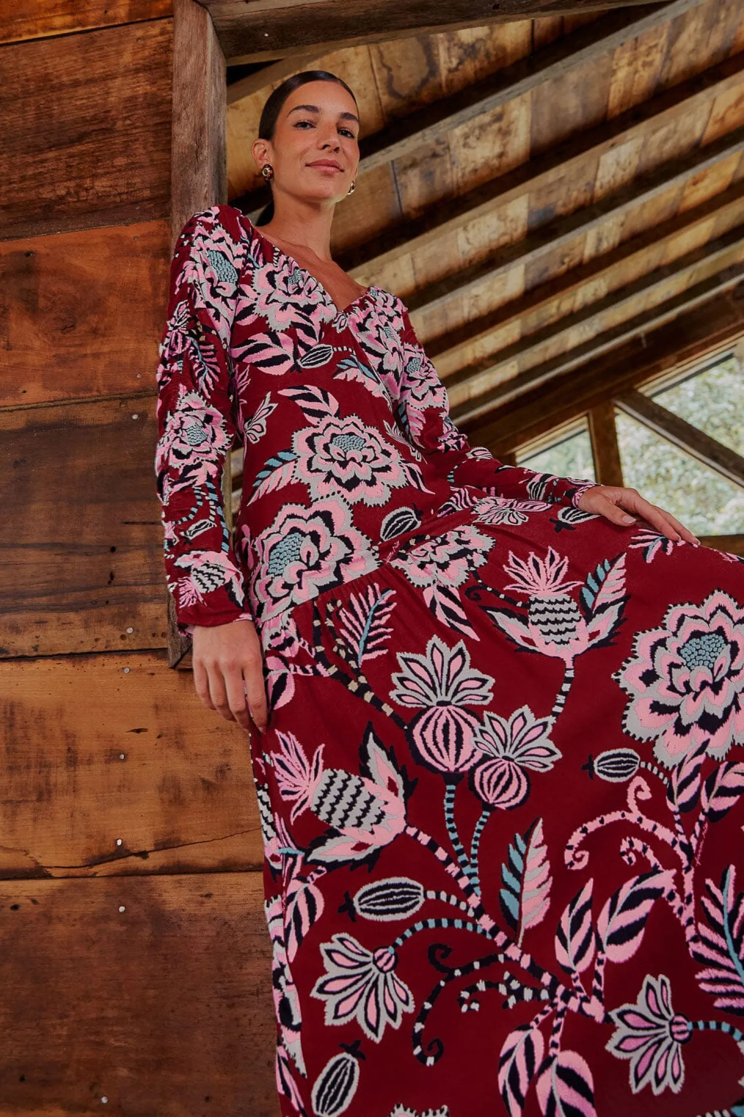 FARM Rio BURGUNDY PINEAPPLE INSPIRATION V NECK MAXI DRESS