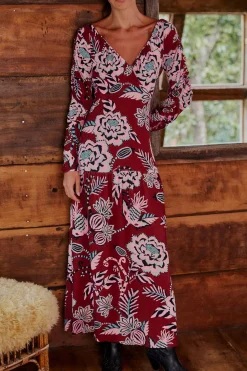 FARM Rio BURGUNDY PINEAPPLE INSPIRATION V NECK MAXI DRESS