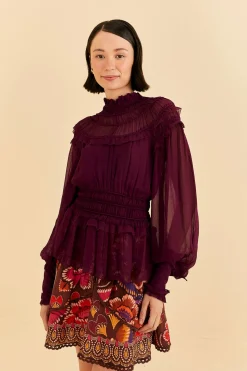 FARM Rio BURGUNDY RUFFLE HIGH NECK BLOUSE