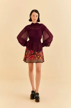 FARM Rio  BURGUNDY RUFFLE HIGH NECK BLOUSE