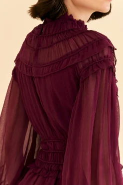FARM Rio  BURGUNDY RUFFLE HIGH NECK BLOUSE
