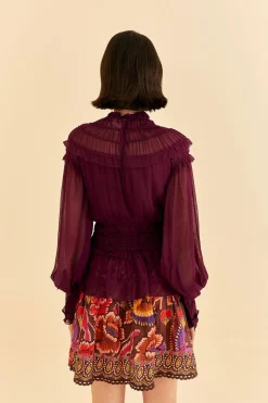 FARM Rio  BURGUNDY RUFFLE HIGH NECK BLOUSE