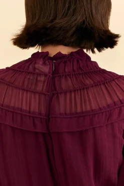 FARM Rio  BURGUNDY RUFFLE HIGH NECK BLOUSE
