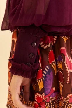 FARM Rio  BURGUNDY RUFFLE HIGH NECK BLOUSE