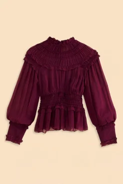 FARM Rio  BURGUNDY RUFFLE HIGH NECK BLOUSE