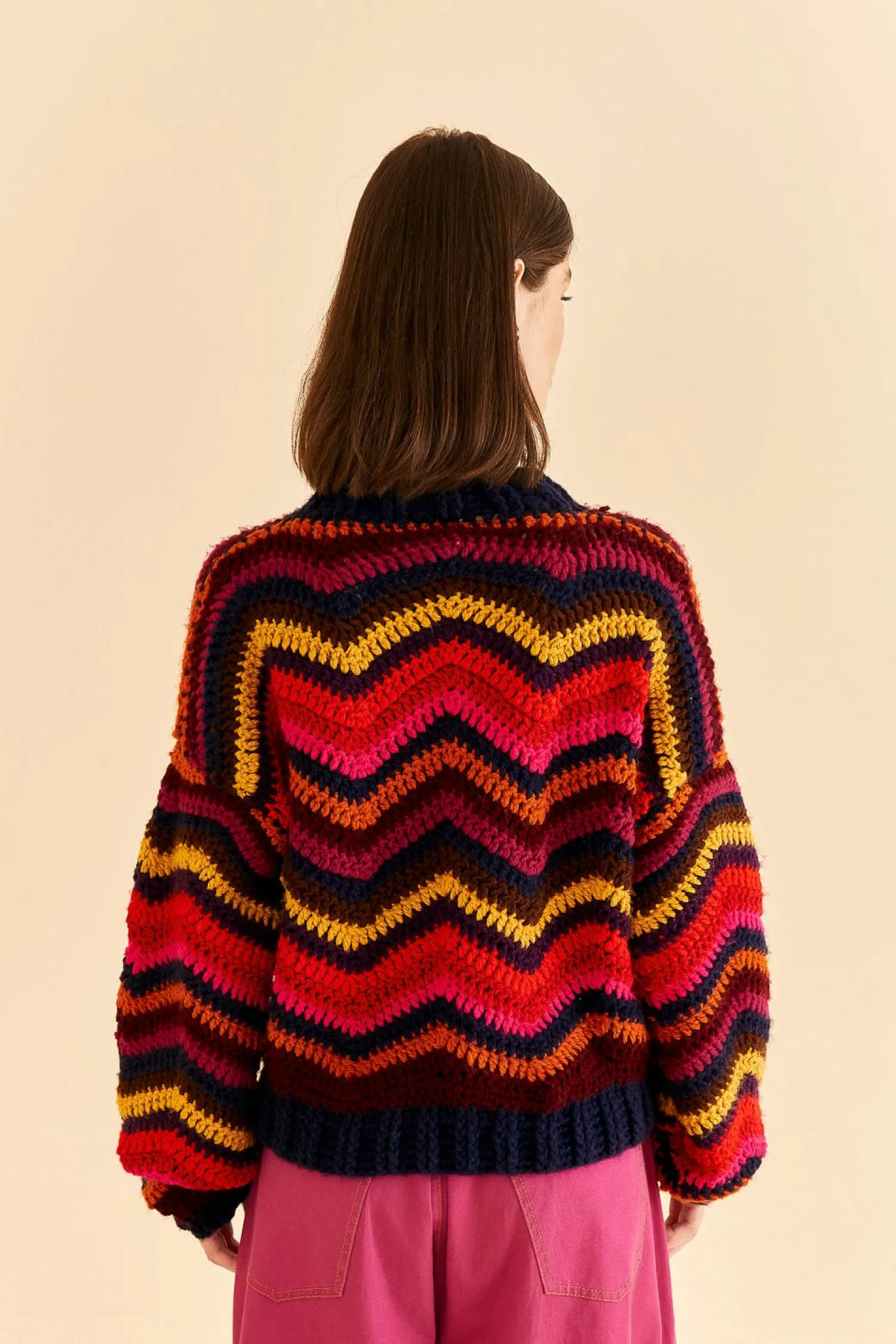 FARM Rio COLORFUL WAVES CROCHET HIGH NECK SWEATER