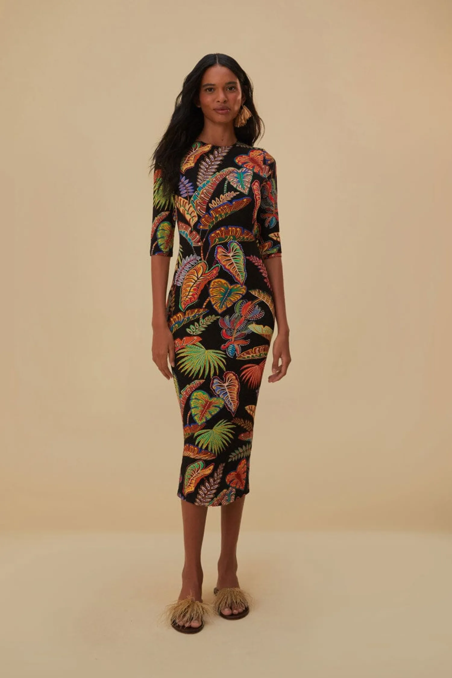 FARM Rio COOL FOLIAGE BLACK JERSEY MIDI DRESS