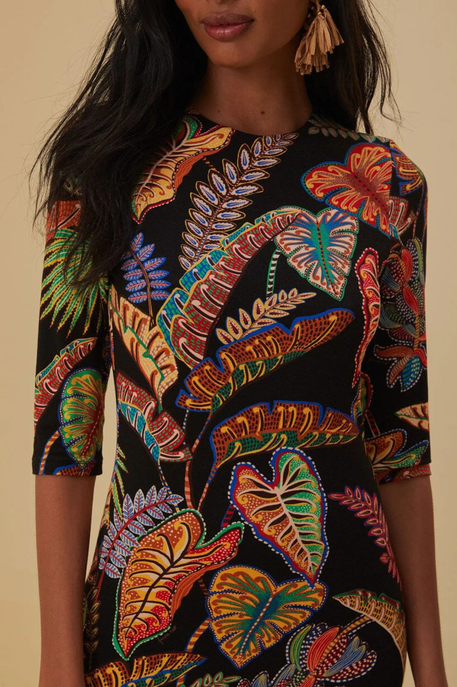FARM Rio COOL FOLIAGE BLACK JERSEY MIDI DRESS