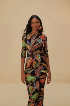 FARM Rio COOL FOLIAGE BLACK JERSEY MIDI DRESS