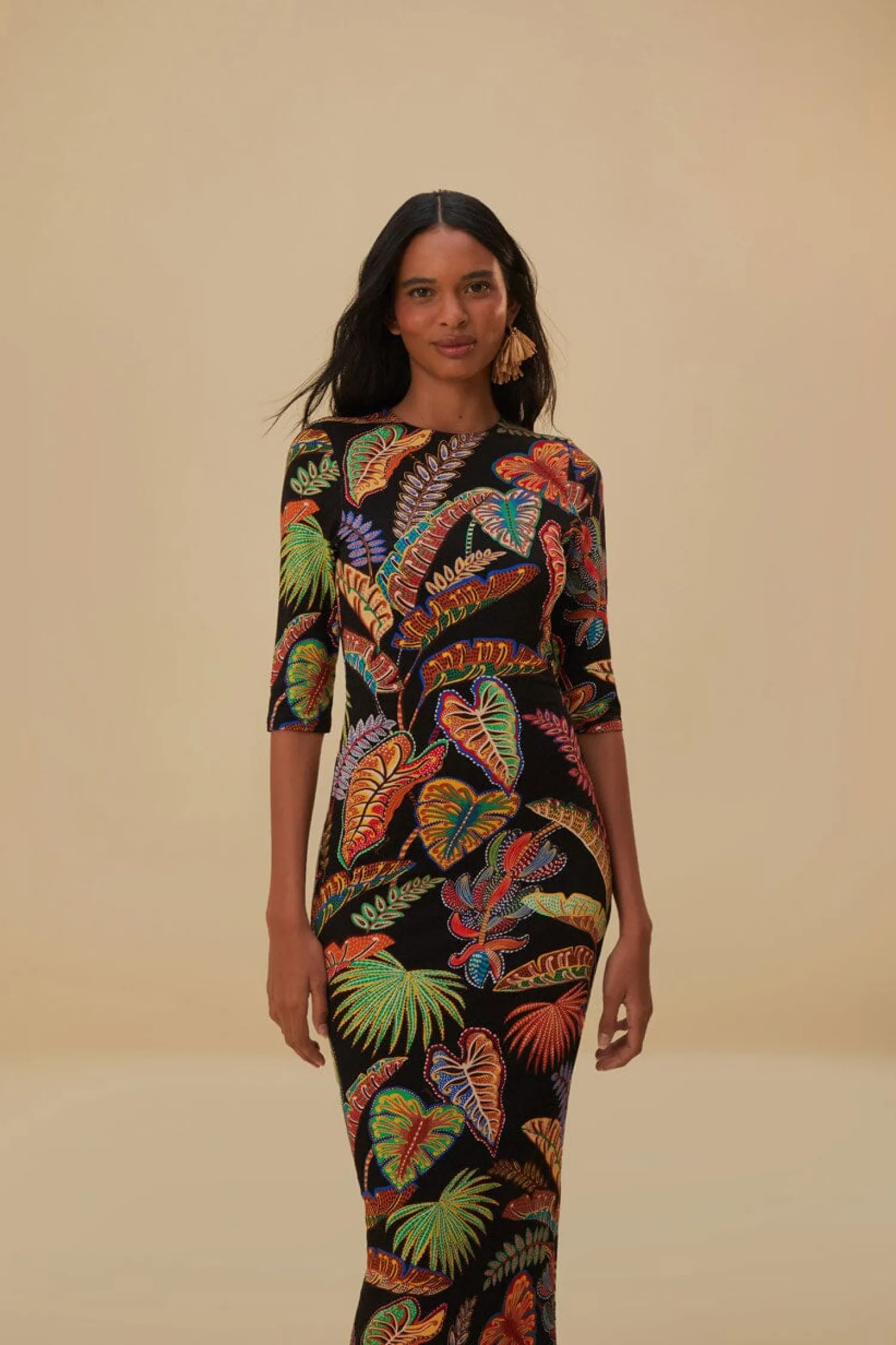 FARM Rio COOL FOLIAGE BLACK JERSEY MIDI DRESS