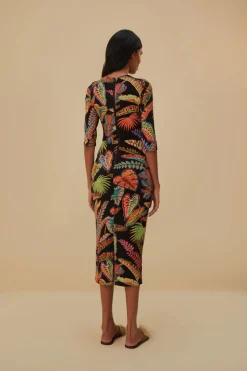 FARM Rio COOL FOLIAGE BLACK JERSEY MIDI DRESS